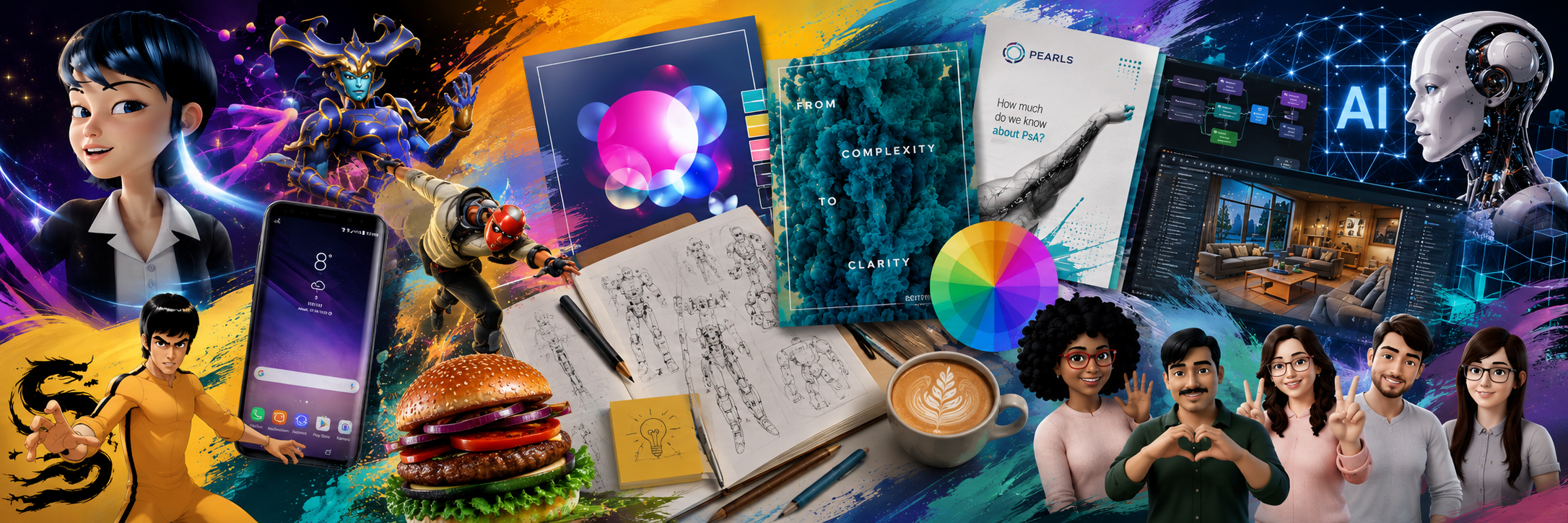 Selected work montage — animation, 3D, design and AI